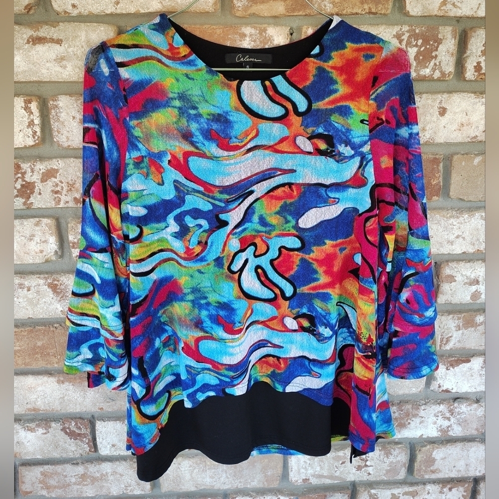 Calessa Colorful Abstract Print Mesh Overlay Tunic Top Sz S Artsy Casual Event